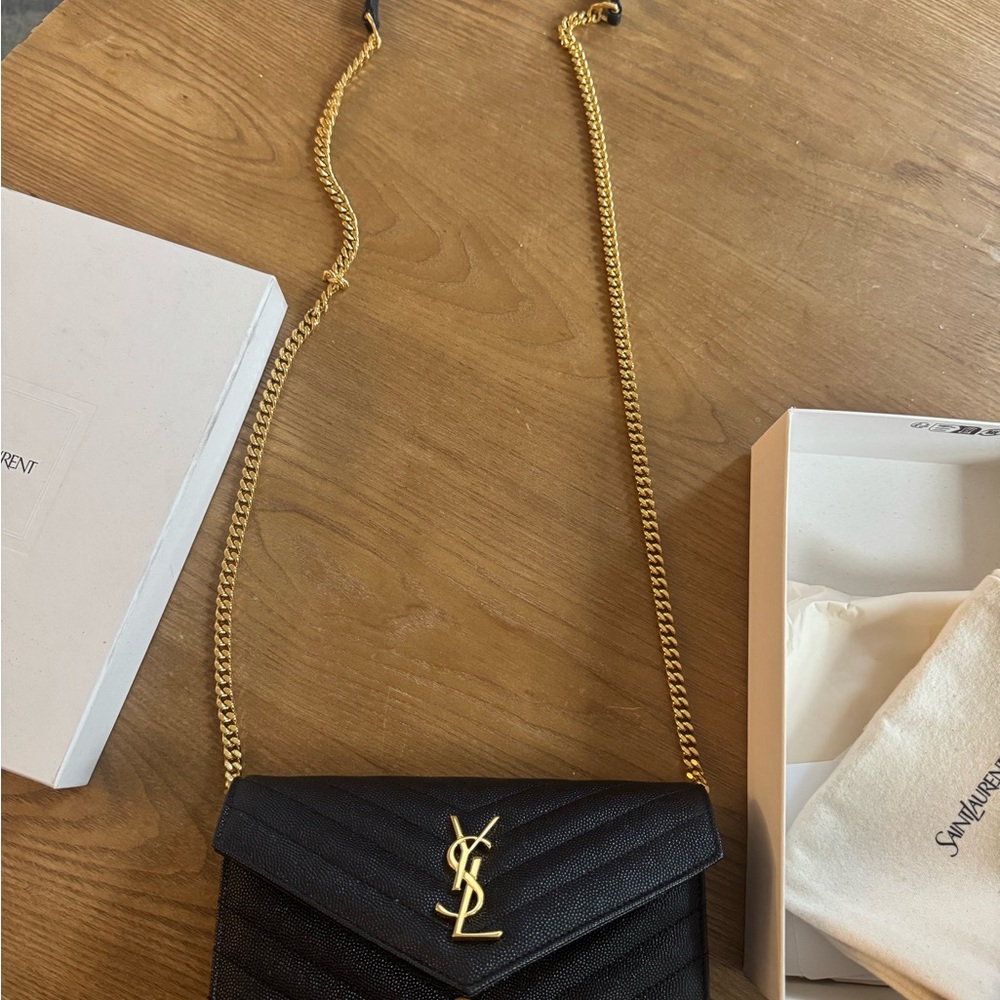 Saint Laurent Black Chevron Clutch with Gold Logo - Picture 6 of 13